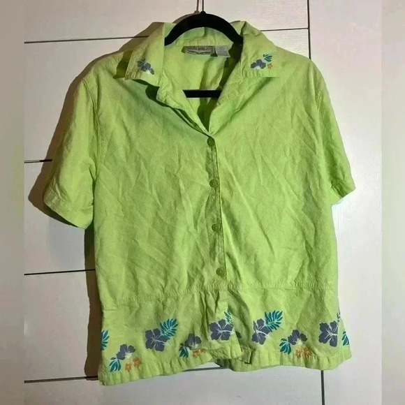 Jane Ashley flower patterned shirt sleeve Hawaiian button down blouse - Picture 1 of 8